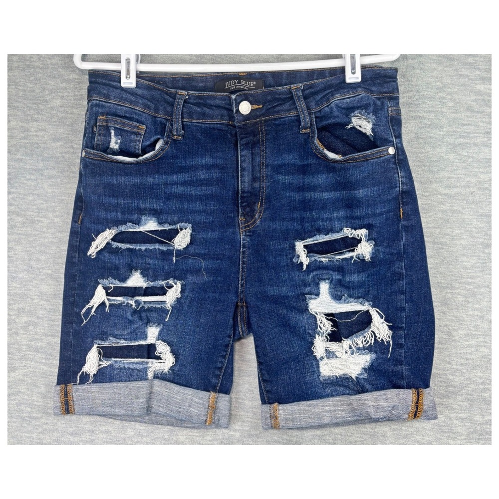 Judy Blue Distressed Denim Shorts Dark Wash Cuffed Bermuda XL
